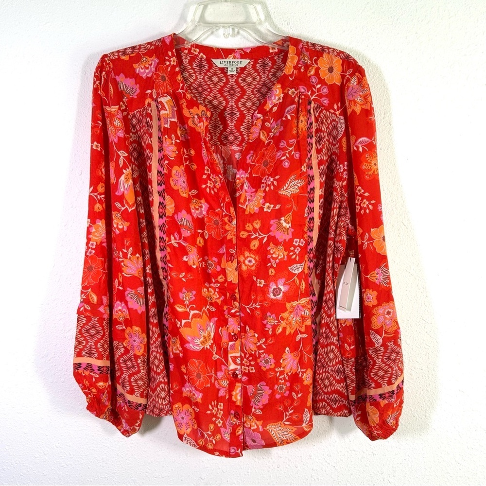 Liverpool Floral Print Top Women's Plus Size 1X Orange Red Blouson Sleeves